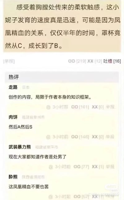 这是一张竖屏的社交媒体截图，属于图文混排内容。截图上方是一段网文内容，描述角色因凤凰精血，半年内罩杯从C变为B，这里存在明显的常识错误——女性罩杯的大小顺序是A<B<C，作者写反了成长方向。下方是网友的热评，网友们针对这个常识错误展开调侃：有人指出创作局限于作者知识框架，有人玩梗说接下来会到A然后S，有人直接调侃作者是处男，还有人吐槽这凤凰精血不要也罢，评论区充满了搞笑的吐槽氛围，点赞数也体现了这些评论的受欢迎程度。