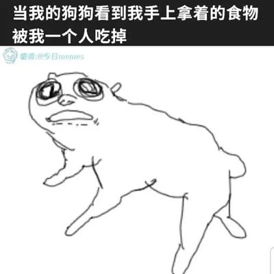 这是一张文字加注的单幅静态线稿图，图上方配有黑底白字的文字“当我的狗狗看到我手上拿着的食物被我一个人吃掉”，图中是一幅简单手绘的狗狗形象：它的眼睛被夸张地画大，眼神里充满了委屈、失落与不敢置信，嘴角下撇，身体姿态显得无力又沮丧，生动还原了宠物狗发现主人没有将手里的食物分享给自己时的情绪，用夸张的手绘风格放大了这种失落感，精准戳中养宠人与宠物互动的日常趣味场景，让人觉得既真实又搞笑。