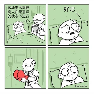 这是一幅四格连环卡通漫画，以医疗手术为背景制造荒诞笑点：第一格中，身着白大褂的医生站在病床旁，手持记录板，对病床上的病人告知“这场手术需要病人在无意识的状态下进行”，病人露出疑惑的神情；第二格中，病人无奈地回应“好吧”；第三格的画面一转，医生戴上了一副红色拳击手套，双臂交叉摆出准备攻击的姿势；第四格中，病人看到医生的举动后瞬间满头大汗，脸上充满惊恐，显然意识到医生所谓的“让病人无意识”是要将他打晕，用夸张的反差情节制造冷幽默效果。