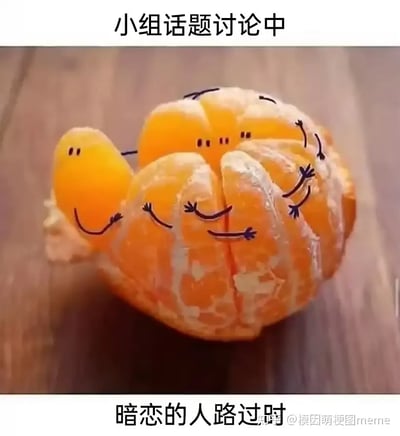 图片中是一瓣一瓣的橘子，橘瓣上用手绘的方式画上了简笔画小手和表情，表现出橘瓣们拥抱在一起，营造出一群人在热烈讨论的氛围。上方文字"小组话题讨论中"，下方文字"暗恋的人路过时"，暗示+搞笑地表达了在小组讨论的时候，大家关系紧密，但只要暗恋的人经过，气氛就变得安静拘谨。该图有明显的视觉和语义双关，将橘瓣比喻为聚在一起的小团体，配合文字制造社交尴尬与暗恋氛围。

该梗图巧妙利用了水果拟人化的表达，让人产生共鸣，也带有一定的萌感和治愈感。