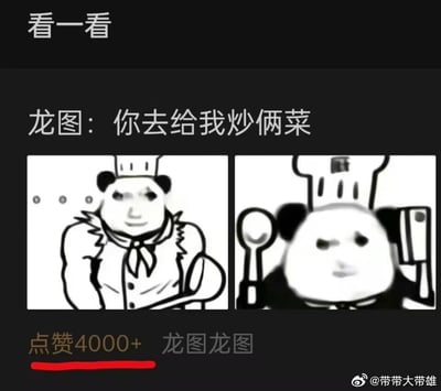这是一张由熊猫头（龙图）表情包二次创作的拼接梗图，上方配文“龙图：你去给我炒俩菜”。左侧的熊猫头身着厨师服，双手叉腰，表情无奈；右侧的熊猫头则手持大勺与菜刀，表情严肃，形成了有趣的反差感。图下方标注了“点赞4000+ 龙图龙图”，整体内容搞笑诙谐，用来制造玩梗的趣味效果，无谐音梗或双关含义。