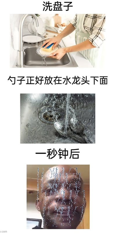 这是一组由三张图片组成的连环搞笑梗图，以递进的方式呈现生活中的小乌龙场景：第一张图展示一位穿着围裙的人在厨房水槽边，手持海绵清洗盘子，上方配文“洗盘子”；第二张图聚焦水槽，显示勺子恰好位于水龙头的正下方，配文“勺子正好放在水龙头下面”；第三张图则是一秒钟后的结果，一个人的脸部被水龙头的水溅到，脸上布满水花，配文“一秒钟后”，通过日常场景和意外结果的反差，制造出搞笑的效果，还原了生活中不经意间发生的小尴尬。