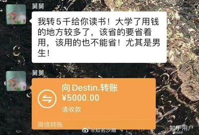 这张图片是微信聊天截图，内容为父母通过微信转账5千元给刚上大学的孩子，并叮嘱他在大学期间要学会合理花钱，既要懂得节省，也不能过度节省，尤其强调男生要有度。这种截图常被用来调侃家长期望与大学生成长、花钱观念之间的矛盾。同时也在网络上形成了一种“家长式关怀+经济支持+道德叮嘱”的经典网络场景梗。
无明显双关、谐音或暗示。