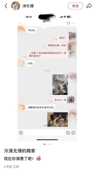 整张图是国内社交平台用户发布的内容截图，上方为用户和商家的购物聊天界面：买家下单前多次强调自己要给双胞胎买两份完全相同的商品，若商品不一样双胞胎会打架，商家应允后却发来不一致的商品，买家询问时商家提出补发，买家随即发送了两个双胞胎小女孩互相拉扯打架的实拍照片作为回应。截图下方是发布者配文“冷漠无情的商家 现在你满意了吧！”，还标注了发布于2天前、IP属地江苏，聊天界面的部分隐私信息已做打码处理。