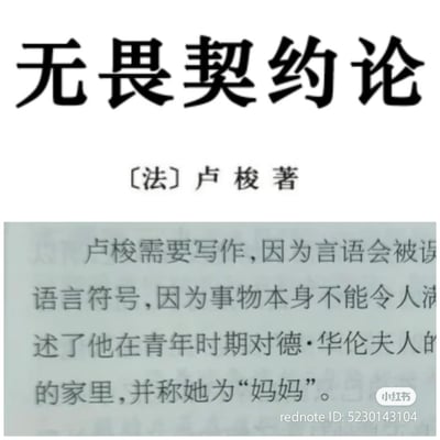 这是一张小红书平台的恶搞P图，将法国思想家卢梭的经典哲学著作《社会契约论》的书名修改为热门射击游戏《无畏契约》相关的《无畏契约论》，下方保留了关于卢梭的原文内容，通过替换书名的方式，将严肃的文学著作与热门游戏结合，制造出反差感十足的搞笑效果，属于玩梗类的二次创作内容。