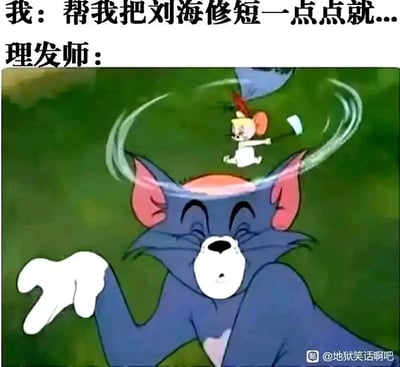这是一张梗图，内容展示了人们到理发店理发时希望刘海只是修短一点点，但实际效果却被理发师剪掉很多的常见经历。梗图分为上下两部分，上面是旁白：“我：帮我把刘海修短一点点就… 理发师：”，下面配图是动画片《猫和老鼠》中的场景，小老鼠用力挥舞着大刀砍在汤姆的头上的画面，表达理发师毫不克制地“大动作”，与顾客预期形成强烈反差，产生幽默效果。

涉及双关：动画场景被用来类比理发师剪刘海的“过于用力”，属于夸张幽默手法。