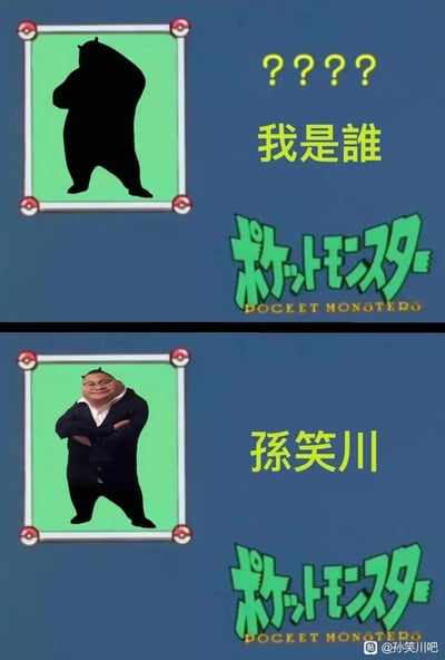 这是一张模仿《宝可梦》（口袋妖怪）角色猜谜环节的网络梗图，采用上下对比的排版形式。上半部分展示《熊出没》中熊二的黑色剪影，搭配文字“???? 我是谁”，下方配有宝可梦的日文官方标题和英文“POCKET MONSTERD”字样；下半部分揭晓答案，将网络主播孙笑川的面部图像P到熊二的身体上，搭配文字“孙笑川”，通过这种错位的P图创作，结合三个不同IP/人物的元素制造出荒诞搞笑的效果，属于网络玩梗的二次创作内容。