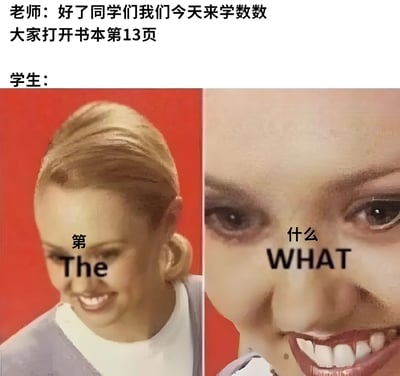 这是一张搞笑的左右对比梗图，上方文字显示老师说："好了同学们我们今天来学数数 大家打开书本第13页"，下方左侧是一位女性的侧脸，脸上有文字"第 The"，右侧是同一位女性的面部特写，眼睛和嘴巴处有文字"什么 WHAT"，通过中英文结合的方式幽默地表现了学生听到要翻到第13页时的困惑反应。