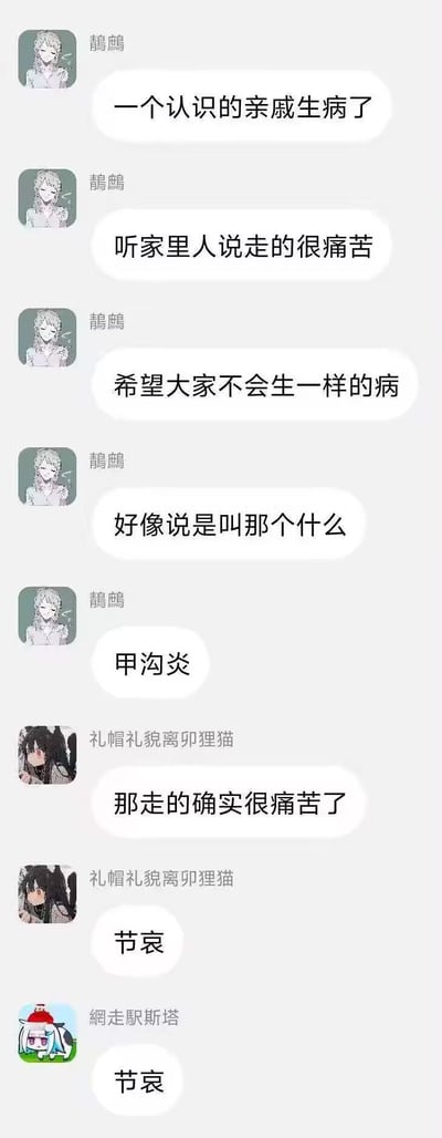 聊天记录中，用户“鹊鹊”先是以沉重语气发送“一个认识的亲戚生病了”“听家里人说走的很痛苦”等消息，营造出严肃氛围，随后揭晓亲戚患的是“甲沟炎”，形成强烈的情绪反差产生幽默效果。其他用户“礼帽礼貌离卵理猫”和“網走駅斯塔”配合回复“那走的确实很痛苦了”“节哀”，进一步放大了这种搞笑误会。