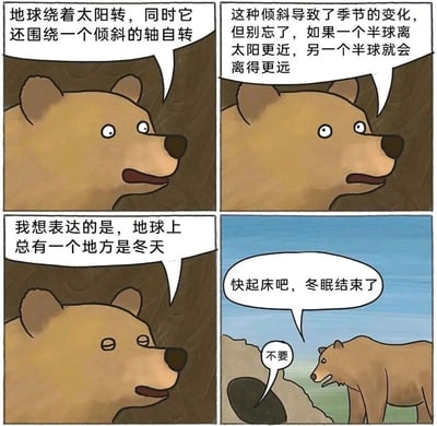 这是一幅四格连环卡通漫画，讲述了一只躲在洞穴里不想结束冬眠的棕熊，为了逃避起床，一本正经地科普地球公转自转与季节变化的地理知识：先是说“地球绕着太阳转，同时它还围绕一个倾斜的轴自转”，接着解释“这种倾斜导致了季节的变化，但别忘了，如果一个半球离太阳更近，另一个半球就会离得更远”，最后总结“我想表达的是，地球上总有一个地方是冬天”，以此为借口试图继续冬眠。第四格画面切换到洞穴外，另一只棕熊来叫醒它，这只赖床的熊只露出爪子，抗拒地回应“不要”，用看似严谨的科学知识当懒惰的借口，形成强烈反差，制造出幽默搞笑的效果。