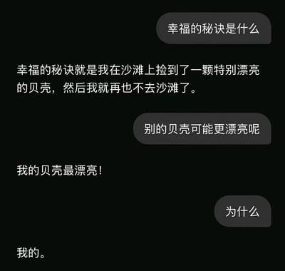 这是一张黑底白字的模拟聊天对话类图文内容，聊天气泡为深灰色。对话围绕“幸福的秘诀”展开：提问者先询问幸福的秘诀是什么，回答者表示幸福的秘诀是在沙滩捡到一颗特别漂亮的贝壳后就再也不去沙滩了；提问者又提出或许存在其他更漂亮贝壳的疑问，回答者坚定表示自己的贝壳最漂亮，最后被问到原因时仅回答“我的”，用通俗的捡贝壳比喻传递出珍惜自己所拥有的事物、不盲目攀比、知足常乐的幸福理念。