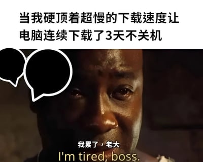 这是一张幽默表达网络下载体验的梗图。图片上方配有文字“当我硬顶着超慢的下载速度让电脑连续下载了3天不关机”，下方是一位含泪的男性角色特写，配有文字“我累了，老大”及英文翻译“I'm tired, boss.”。通过拟人化手法，将电脑在长时间慢速下载后的状态比作疲惫不堪的人，生动形象地表达了面对缓慢下载速度时的无奈与疲惫感。