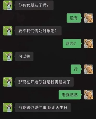 这是一张深色背景的社交软件聊天记录截图，左侧发言用户头像为站在草地上的白衣女生，右侧发言用户头像为裹着浴巾的小熊玩偶。聊天内容为女生主动询问男方是否有女朋友，提出要和男方处网恋对象，在得到男方同意、双方刚确认恋爱关系后，立刻告知男方自己明天生日，内容暗指该女生主动交往是为了索要生日礼物，是讽刺目的性极强的网恋套路的搞笑梗图。