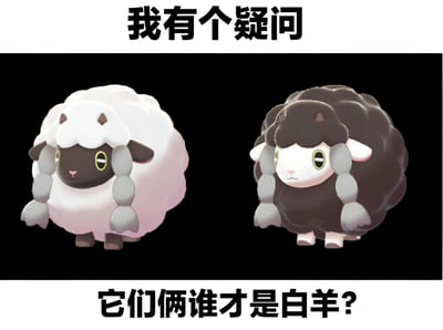 图片上方有黑色大字“我有个疑问”，中间是两只卡通羊的左右对比：左侧羊身体为白色、脸部和四肢为黑色，右侧羊身体为黑色、脸部和四肢为白色，两只羊均有着圆滚滚的体型和呆萌的大眼睛，下方配有文字“它们俩谁才是白羊?”。通过黑白毛色的反转设计制造出身份认知的幽默疑问。