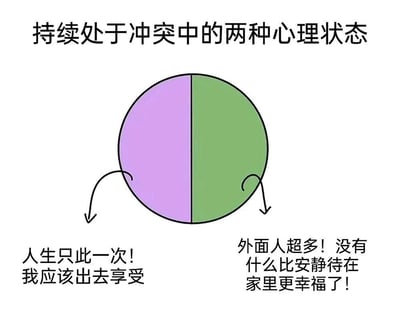 这是一张展现两种冲突心理状态的梗图。画面上方有标题“持续处于冲突中的两种心理状态”，中间是一个被垂直分割为紫色和绿色的圆形，圆形左右两侧各有一个箭头分别指向下方的文字。左侧紫色区域下方文字为“人生只此一次！我应该出去享受”，表达了渴望外出体验生活的心理；右侧绿色区域下方文字为“外面人超多！没有什么比安静待在家里更幸福了！”，则体现了偏好居家、避免人群的心理。整体通过简单的图形和文字对比，幽默地呈现了人们内心在“外出社交”与“宅家独处”之间的矛盾挣扎。