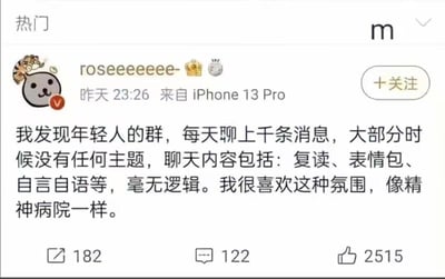 这是一张微博平台的用户动态截图，用户roseeeeeeee-于标注为「昨天23:26」的时间，通过iPhone 13 Pro发布了这条动态。内容中，用户精准吐槽了年轻人的群聊特征：每日消息量上千，大多没有明确主题，聊天内容包含复读、表情包、自言自语等，毫无逻辑可言，但用户却十分偏爱这种氛围，将其调侃为「像精神病院一样」。这条动态引发了网友共鸣，获得了182次转发、122条评论以及2515个点赞。