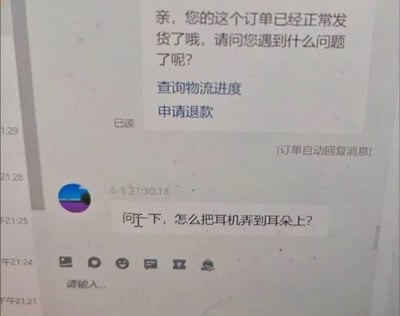 这张图展示了电商平台客服聊天窗口，客服自动回复有关物流与退款，买家却反问“怎么把耳机弄到耳朵上？”。这种搞笑的小白提问常作为网络段子流传，用来表达对基础操作的懵懂或无奈，非常适合用来调侃新手或自嘲生活小白时的呆萌状态。没有明显双关或暗示，就是单纯的反差萌效果。