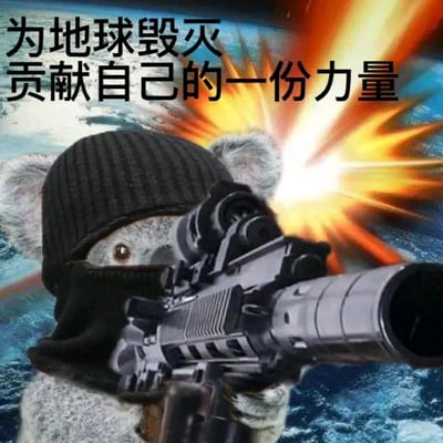 这是一张经过P图改编的静态趣味梗图，画面主体是一只被P上黑色针织头套的考拉，它只露出一只眼睛，双手持握一把带有瞄准镜的枪械，枪械前端呈现开火的光效，背景是地球的俯瞰画面。图片上方配有醒目的文字“为地球毁灭贡献自己的一份力量”，将原本温顺可爱的考拉形象塑造成武装起来的“破坏者”，通过强烈的形象反差制造出搞笑、恶搞的效果，适合在社交互动中用来玩梗、调侃。