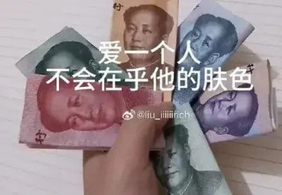 这张梗图将不同面值的第五套人民币折成类似花瓣的造型，组合成花束的样子，不同面值的人民币票面因为底色不同，上面的毛泽东头像也呈现出红、绿、蓝、紫、黄等不同的色调，图中叠加白色文字“爱一个人不会在乎他的肤色”，玩双关梗，表面说不在意恋人肤色，实际调侃不管什么面值的钱大家都喜爱，趣味十足。