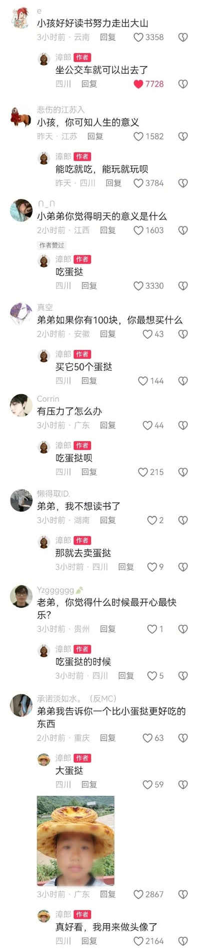 这是一张竖版的社交平台评论区截图，多名IP归属不同省份的网友向账号名为「滩郎」的四川小男孩提问各类偏向人生哲理、生活困扰的问题，包括劝勉其好好读书走出大山、询问人生意义、明天的意义、有压力如何解决、不想读书怎么办、最开心的时刻是什么、有没有比小蛋挞更好吃的东西等，该小男孩的所有回答都高度围绕蛋挞展开，例如表示明天的意义是吃蛋挞、有压力就吃蛋挞、不想读书就去卖蛋挞、最开心的时候是吃蛋挞，被问到比小蛋挞更好吃的食物时回答是大蛋挞，最后有网友发布一张将蛋挞P成草帽戴在小男孩头上的趣味改图，小男孩回复称要将这张图用作头像，整体内容轻松诙谐，小男孩纯粹直白、执着于蛋挞的回答十分可爱治愈。