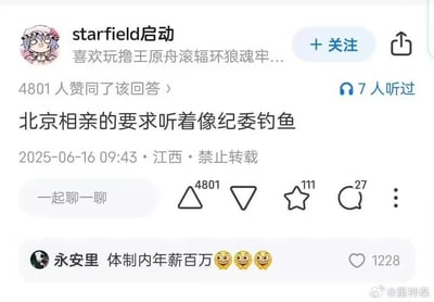 社交媒体平台上的一个帖子截图，用户"starfield启动"发布了标题为"北京相亲的要求听着像纪委钓鱼"的内容，发布时间为2025年6月16日09:43，地点显示为江西。帖子获得了4801人赞同，111人收藏和27条评论。最热门评论来自用户"永安里"，内容为"体制内年薪百万😂😂😂"，获得了1228个点赞。用户头像为动漫风格人物，个人简介提到喜欢玩多种游戏。