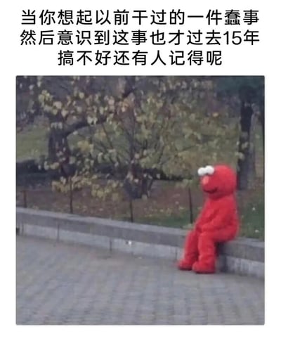 这是一张引发情绪共鸣的梗图，上方配有文字“当你想起以前干过的一件蠢事 然后意识到这事也才过去15年 搞不好还有人记得呢”，下方是美国儿童节目《芝麻街》中的经典红色角色艾摩，它独自坐在户外的石质台面上，身体微微佝偻，姿态落寞惆怅。图文结合精准地刻画了人们突然回忆起过去的尴尬社死经历，又惊觉时间并未过去太久，担心这件事依然被他人记得时，那种懊悔、不安又社死的复杂心情，很容易让有类似经历的人产生共鸣。