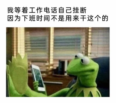 这是一张以经典卡通角色科米蛙为主体的表情包，画面中科米蛙身处类似办公室的环境里，一只手挡在脸前，露出抗拒、无奈的神态，另一只手举着显示来电的手机，刻意不接听。图片上方配有文字“我等着工作电话自己挂断 因为下班时间不是用来干这个的”，精准传递出职场打工人想要守护私人时间、拒绝下班被工作事务打扰的心态，能够引发广大打工人的情感共鸣。