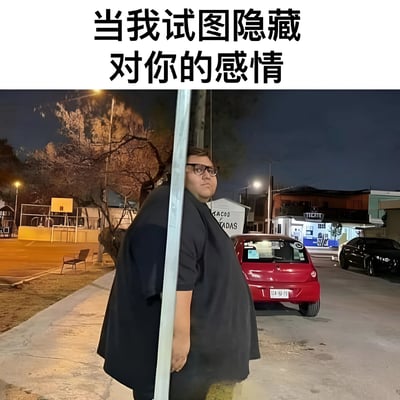 这张图片展示了一个人在夜晚站在电线杆后面，试图隐藏自己，但由于体型较大而显得非常明显。图片上方配有文字'当我试图隐藏对你的感情'，用幽默的方式表达了暗恋时想要隐藏却藏不住的尴尬和可爱。整体场景发生在夜晚的街道，背景有树木、路灯和停放的车辆。