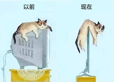这是一张左右对比的趣味插画，左侧标注“以前”，展示一只暴躁猫惬意地趴在厚重的老式CRT显示器顶部，四肢放松，表情慵懒满足；右侧标注“现在”，同款猫咪被挂在超薄的现代液晶显示器上，身体被显示器的薄边抻得变形，表情惊恐又崩溃。画面通过猫咪的状态反差，幽默地调侃了显示设备从厚重到轻薄的科技变迁，也暗喻了随着科技发展，人们的生活或使用电子设备的状态变得更加紧绷，充满反差感和趣味性。