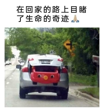 图片上方配有文字“在回家的路上目睹了生命的奇迹 🙏”，下方是一张实拍照片：一辆银色汽车行驶在道路上，后备箱敞开，露出一个红色的物体，该物体被画上了眼睛和圆形鼻子，形似卡通形象。整体通过严肃的文字与滑稽的画面形成反差，营造出幽默调侃的效果，实际“生命的奇迹”指的是这个被拟人化的红色物体。