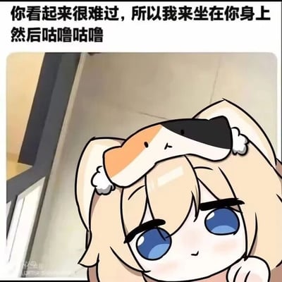 这是一张治愈系的静态卡通图，画面主体是一位有着浅金色头发、蓝色眼睛的猫耳女孩，她的表情平静柔和，姿态安静。女孩的头顶趴着一只拥有白、橙、黑三色毛发的长条状猫咪，猫咪表情软萌呆萌，看起来十分温顺。图片上方配有文字：“你看起来很难过，所以我来坐在你身上然后咕噜咕噜”，用猫咪趴在人身上发出咕噜声的可爱行为来传递安慰的情绪，整体风格软萌治愈，能够给情绪低落的人带来温暖的感觉，适合作为安慰他人的表情包或插画使用。