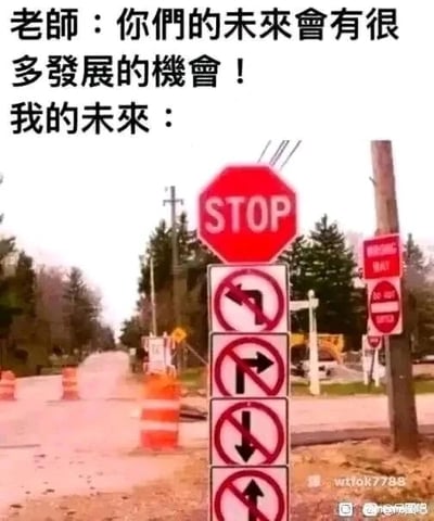 这是一张自嘲风格的图文混排梗图，上方文字部分呈现老师对学生的期许：“你们的未来会有很多发展的机会！”，随后以“我的未来：”引出下方的道路实拍图。图中道路前方设置了施工路障，旁边的标识杆上依次排列着红色STOP标志、禁止左转、禁止右转、禁止直行、禁止掉头的交通标志，还有“WRONG WAY”的错误方向提示，所有通行方向均被限制，形成了“走投无路”的视觉效果。该图通过老师描绘的充满机遇的未来，与自身感知到的无出路未来形成强烈反差，用幽默的方式抒发当代年轻人对未来的迷茫与焦虑，自嘲现实中没有发展机会的困境。