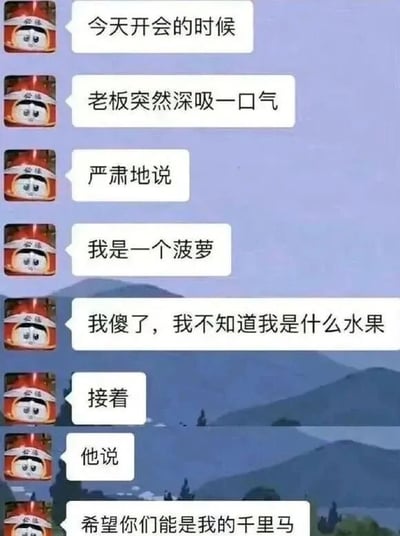 这是一张连环漫画形式的梗图，以多个带有面部表情的“必酱”罐子为对话主体，背景是淡蓝色天空和山脉。内容讲述开会时老板突然深吸一口气严肃地说“我是一个菠萝”，让“我”感到困惑（“我傻了，我不知道我是什么水果”），随后老板又正常地说“希望你们能是我的千里马”。通过老板前后话语的荒诞反差制造幽默效果。