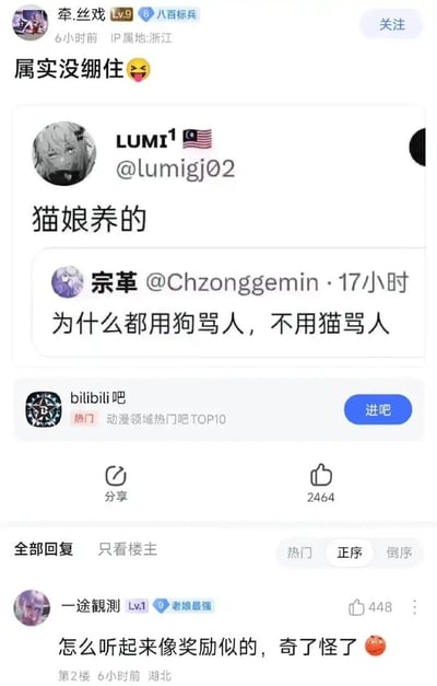 社交媒体截图展示了一场关于语言文化中动物比喻的有趣讨论。用户"宗革"提问"为什么都用狗骂人，不用猫骂人"，引发了幽默回应。用户"LUMI"巧妙反转，用"猫娘养的"这一说法制造笑点，而另一用户"一途観測"则评论"怎么听起来像奖励似的，奇了怪了"，进一步放大了喜剧效果。整个对话展现了网络文化中对语言现象的轻松调侃。