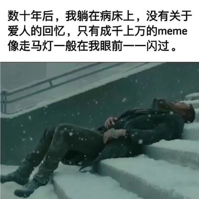 这张梗图由上方文字和下方影视截图组成。文字内容为：'数十年后，我躺在病床上，没有关于爱人的回忆，只有成千上万的meme像走马灯一般在我眼前一一闪过。' 下方图片显示一名男性躺在积雪的楼梯上，表情痛苦，似乎处于濒死状态。图片通过将严肃的临终场景与网络迷因文化结合，创造出幽默的反差效果，调侃当代年轻人过度沉浸于网络文化的生活状态。