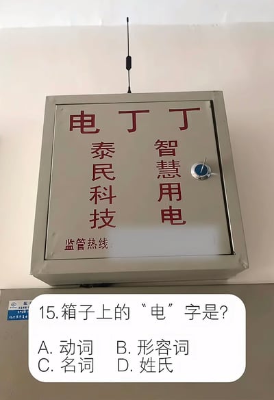 整张图分为上下两个部分，上半部分是实拍的安装在墙面的银灰色智慧用电控制箱体，箱体顶部带有黑色信号天线，面板上印有红色文字，最上方是品牌名“电丁丁”，下方左侧竖排印着出品方“泰民科技”，右侧竖排印着功能“智慧用电”，面板左下角印有“监管热线”字样，面板右侧配有蓝色旋钮锁；下半部分叠加了白色圆角背景的选择题，题目为“15.箱子上的‘电’字是？”，下方有四个选项分别是A.动词、B.形容词、C.名词、D.姓氏，利用“电丁丁”的名称谐音制造恶趣味的网络梗，引导用户将名称误解为动宾结构从而选择错误选项制造笑点，实际该“电”是品牌名的组成部分，词性为名词。