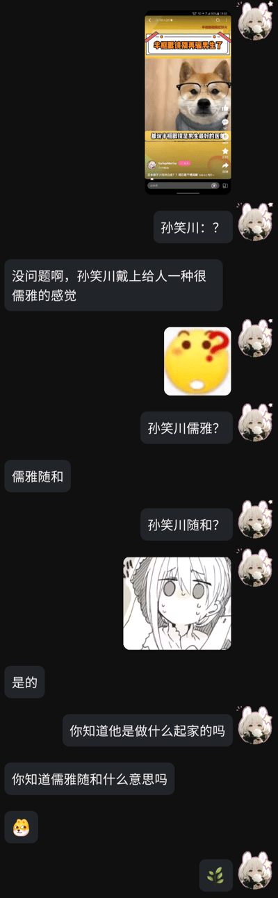 这是一张竖屏的聊天记录截图，顶部拼接了一段短视频界面截图：短视频标题为“半框眼镜别再骗男生了”，配文“都说半框眼镜是男生最好的医美”，图中是戴着半框眼镜的柴犬，账号为GallupMartha。下方聊天对话围绕孙笑川展开：一方发出“孙笑川：？”的疑问，另一方回应“没问题啊，孙笑川戴上给人一种很儒雅的感觉”，前者随即发送疑惑表情并追问“孙笑川儒雅？”“孙笑川随和？”，还附上流汗的动漫表情；后者回复“儒雅随和”“是的”，前者继续追问“你知道他是做什么起家的吗”“你知道儒雅随和什么意思吗”，最后发送柴犬表情和树叶表情。这里的“儒雅随和”是针对孙笑川早期暴躁直播风格的反讽网络梗，属于网络社群的玩梗对话。