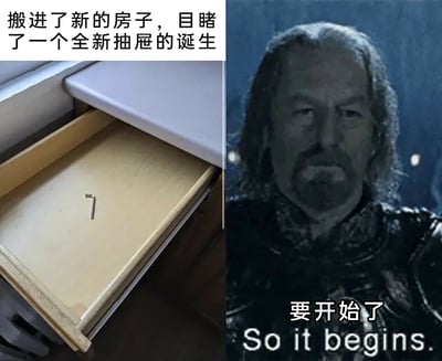 这是一张由生活实拍照片和影视截图拼接而成的梗图，左侧是刚搬进新房后打开的全新木质抽屉，抽屉内部空无一物，只放置着一个L型内六角扳手，上方配有文字“搬进了新的房子，目睹了一个全新抽屉的诞生”，还原了新房家具往往需要自行组装的真实场景；右侧是出自《指环王》系列影视的截图，图中角色为刚铎摄政王迪耐瑟二世，他身着深色铠甲，表情严肃凝重，下方配有文字“要开始了 So it begins.”。整张图通过将生活场景与经典影视梗结合，用幽默的方式调侃了新房入住后需要自行组装大量家具的繁琐任务，当看到抽屉里的扳手时，就预感到一场“组装大战”即将开启，精准戳中了新房入住者的共鸣点。