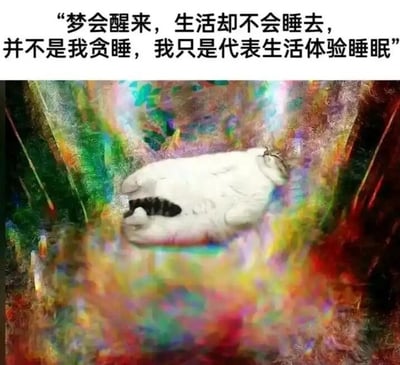 这是一张图文混排的静态风格化图像，上方以黑色简体中文呈现一段带有自嘲意味的生活感悟文案：“梦会醒来，生活却不会睡去，并不是我贪睡，我只是代表生活体验睡眠”。下方的视觉部分是AI生成的风格化画面，背景是由绿、红、黄、紫等多种色彩交织而成的模糊抽象场景，营造出迷幻的氛围；画面中心是一只白色的疑似猫咪的动物，双眼紧闭，平躺熟睡，姿态放松。整幅图通过文案与画面的结合，以幽默自嘲的方式，表达了当代人在生活压力下，试图通过睡眠来逃避疲惫、缓解压力的心态，用看似荒诞的借口“代表生活体验睡眠”来调侃自己的“贪睡”，实则是对生活压力的一种委婉抒发。