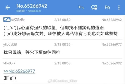 这是NMBXD匿名论坛的帖子互动截图，楼主以匿名ID sVZGzBr发言，直白表达了想玩低俗色情梗“母女丼”的欲望，称哪怕被说私德有亏也坚持；随后匿名用户ytbqBS8用谐音加逻辑梗回复“找只母鸡，等它下蛋你往回推”，将“母女”拆解为“母鸡”和“鸡蛋”，用“往回推”的逻辑对应“母”与“女”的先后关系，玩了恶趣味的文字梗；最后用户vtkdGi7引用该回复并附上无语的表情(lll￢ω￢)，整个互动充满低俗又搞笑的恶趣味。