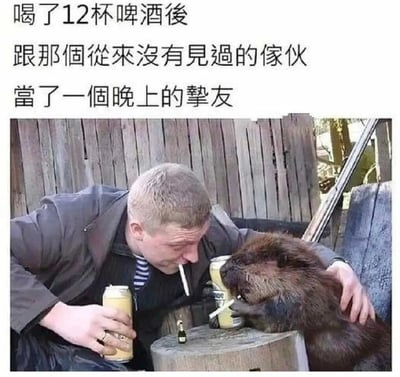 图片上方配有文字'喝了12杯啤酒後 跟那個從來沒有見過的傢伙 當了一個晚上的摯友'，下方是一名金发男子与一只海狸的合影。男子穿着灰色外套，左手拿着啤酒罐，嘴里叼着香烟，身体前倾靠近海狸；海狸则用前爪扶着啤酒罐，嘴里也叼着一根香烟，二者姿态亲密，仿佛真的成为了挚友。背景是木质栅栏，整体画面通过人与动物的荒诞互动营造出幽默效果。