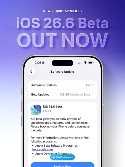 这是一张恶搞玩梗图，整体背景为蓝紫色渐变，顶部标注“iOS 26.6 Beta OUT NOW”字样，下方展示了模拟的iPhone系统软件更新界面，显示可安装iOS 26.6 Beta测试版，安装包大小9.13GB，还附带了测试版的相关说明文字。当前苹果官方正式发布的iOS系统最高版本远低于26，该内容属于网友虚构创作，用来调侃iOS系统更新频繁、版本号持续升高的现象。