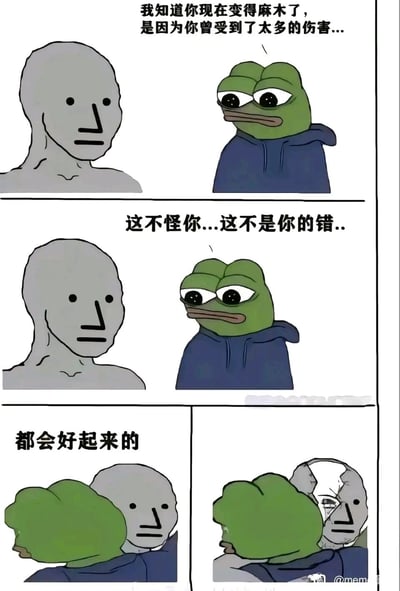 这是一幅四格连环梗图，采用悲伤蛙Pepe与麻木脸Wojak两个经典梗图角色创作。前两格中，悲伤蛙带着共情的悲伤神情，温柔安慰着面无表情、看似麻木的Wojak，说出理解对方因过往伤害变得麻木、为对方开解的话语；第三格中悲伤蛙说着“都会好起来的”并拥抱Wojak；第四格的拥抱瞬间，展现出Wojak的头部已经裂开，内部还藏着一个同样麻木的自己，揭示出那些用麻木外表伪装的人，其实内心早已在伤害中破碎，只是将脆弱隐藏起来。