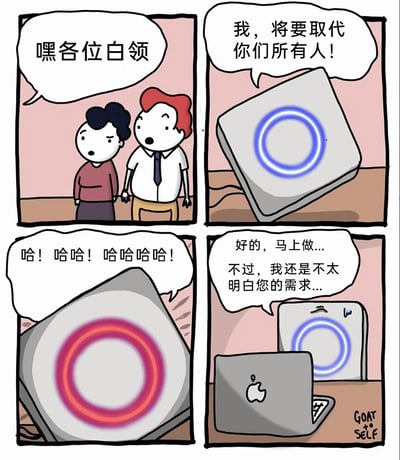 这是一幅四格连环卡通漫画，第一格中，一男一女两位白领露出惊讶的神情，对着画面外打招呼；第二格，一个带有蓝色光环的AI设备放出豪言，宣称要取代所有白领；第三格，AI设备的光环变为红色，张狂地大笑，表现出十足的嚣张气焰；第四格，AI设备面对笔记本电脑，语气瞬间变得卑微，一边答应马上工作，一边表示依然无法理解需求，形成强烈反转。漫画通过AI态度的转变，讽刺了当下人工智能在实际职场场景中，依然无法精准理解人类复杂需求的现状，将AI“降格”为和普通打工人一样的处境，充满职场幽默。