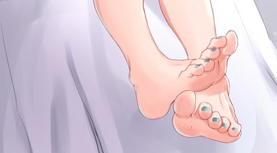 这是一幅二次元风格的插画作品，画面聚焦于一双交叠的女性足部，脚趾涂抹了清新的青绿色指甲油，足部线条绘制得柔和细腻，背景是浅淡的垂坠布料，整体色调柔和清新，营造出静谧放松的氛围，图中没有双关、谐音梗或暗示类内容。