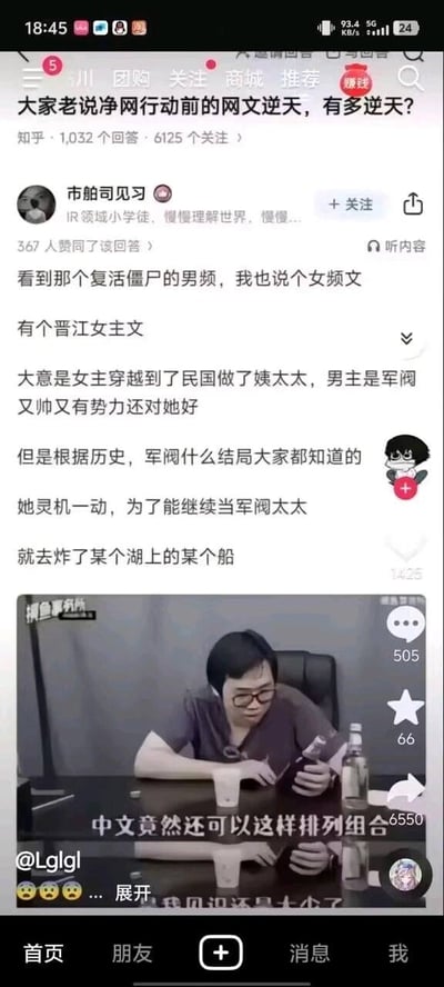 这张图是社交平台上网友针对网络小说剧情逆天、不合逻辑的花式吐槽合集，主要展示了知乎用户模仿名为“晋江女主文”俗套桥段的评论，下方配有一名女性在短视频中手持书本的画面，并感叹中文排列组合的神奇。画面展现了网络热议与自嘲吐槽氛围，尤其揶揄了以“军阀太太”相关网文剧情常见的离谱设定。

整体氛围幽默、讽刺，批判当下流行网文套路化问题，无明显双关或谐音梗，但自嘲与调侃意味十分突出。