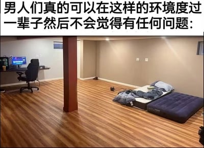 这张图片展示了一个极度简朴的男生房间，仅有一个充气床垫、一套被褥、一个电脑桌和椅子，房间宽敞却没什么家具。配文调侃男性即使在这种环境下也能生活得很好，体现了“直男房间”及极简主义的网络刻板印象，有搞笑和自嘲的意味。画面风格幽默轻松，经常用于网络讨论男生生活习惯的话题。图片没有明显谐音梗或隐喻，属于典型的网络段子图。