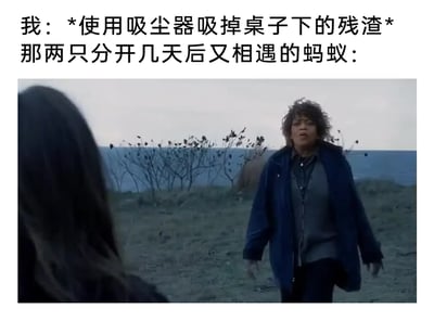 这是一张图文结合的搞笑二次创作梗图，上方用文字描述了“我使用吸尘器清理桌下残渣”的日常行为，随后引出“分开几天后又相遇的蚂蚁”的视角，下方搭配美剧《利器》的影视截图，图中穿着深蓝色外套的人物面露惊讶、张开双手，呈现出经历变故后意外重逢的激动姿态。这个梗通过拟人化的手法，将人类经历生离死别后重逢的复杂情绪投射到微小的蚂蚁身上，把吸尘器清理残渣的普通行为夸张成蚂蚁世界的“重大灾难”，用荒诞的反差感制造出强烈的幽默效果。