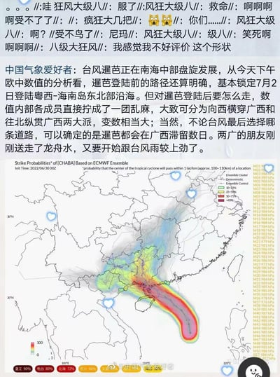 这是一张结合网友情绪吐槽与专业气象分析的图文内容，上方是网友用谐音梗「风狂大级八」（谐音「八级大狂风」）搭配惊恐小黄脸表情包，表达遭遇八级大风的崩溃、无奈与吐槽情绪；中间是@中国气象爱好者发布的2022年台风暹芭的气象分析，指出暹芭登陆粤西-海南岛东北部沿海的路径明确，但登陆后在广西的路径变数极大，分为向西横穿与往北纵贯两大方向，且会在广西滞留数日，两广地区刚结束龙舟水又将迎来台风雨；下方是欧洲中期天气预报中心（ECMWF）的集合预报路径概率图，用不同颜色标注台风中心经过不同区域的概率，直观展示出台风路径的不确定性，同时标注了湛江、电白等城市的台风登陆概率。
