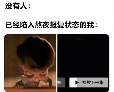 图片采用上下文字+左右对比图的形式，上方文字“没有人：”与下方“已经陷入熬夜报复状态的我：”形成对比。左侧为动画电影《The Boss Baby》中的角色Boss Baby，表情坚定地俯身向前；右侧为手机屏幕截图，显示“播放下一集”按钮。整体幽默地表现了人们在无人约束时，通过熬夜看剧等方式进行“报复性熬夜”的生活状态。